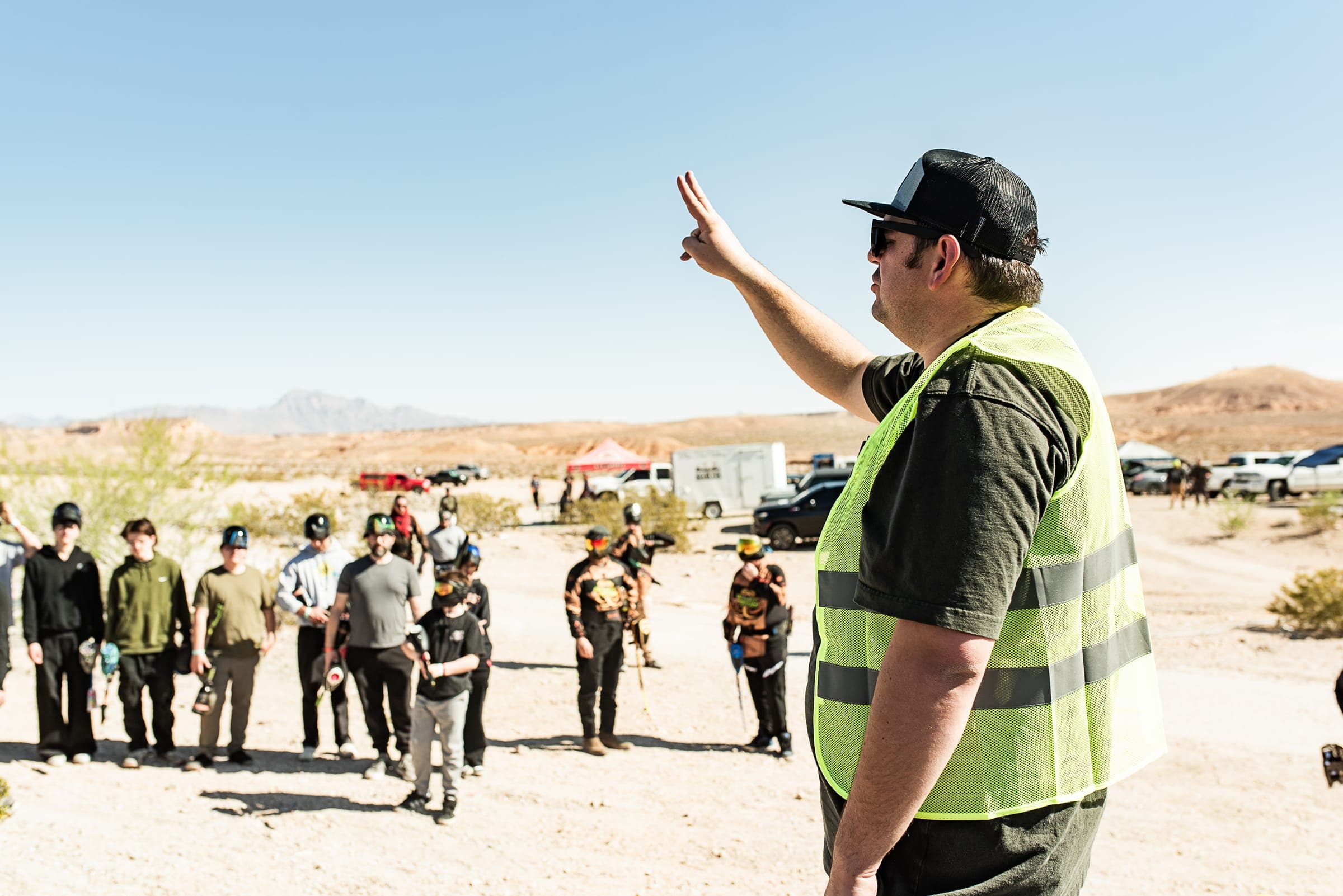 Mike briefing a lined-up group of players before a Barrels Up scenario game.